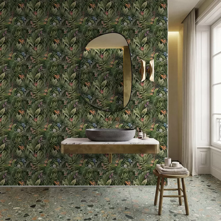 fotószőnyeg Trópusi levelek virágokkal sötét háttér előtt a01153