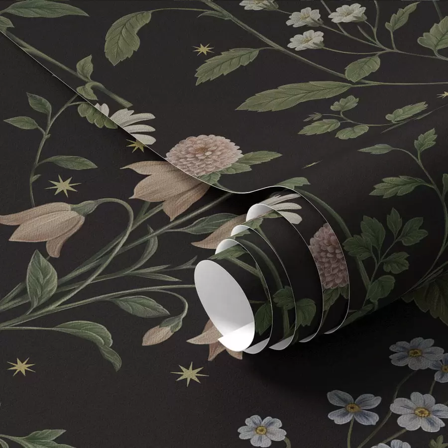 fotószőnyeg Virágmintás, fekete alapon, csillagokkal a01160