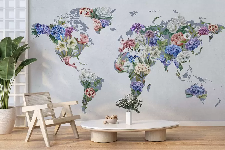 fotószőnyeg Különféle élénk színű virágokból készült színes világtérkép c00006