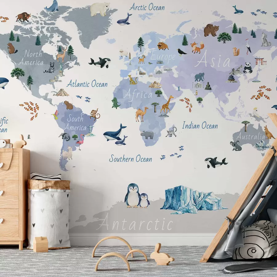 fotószőnyeg Akvarellszerű kék térkép állatokkal, növényekkel és építészeti elemekkel. Feliratok angolul c00009env1