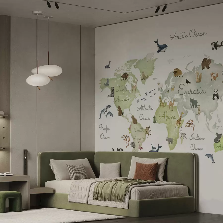 fotószőnyeg Állatokat ábrázoló, akvarell stílusú zöld térkép. Feliratok angolul c00012env2