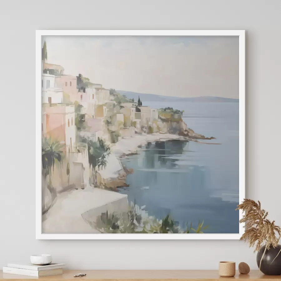 fotószőnyeg Egy tengerparti város tájképe – festmény utánzat f48675