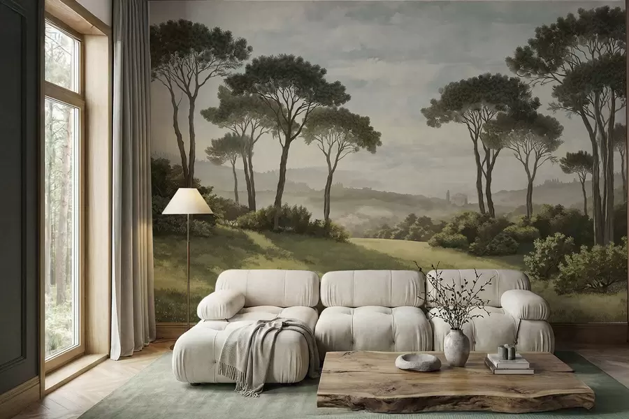 fotószőnyeg Tájkép fákkal, rétekkel és távoli köddel w05122v1