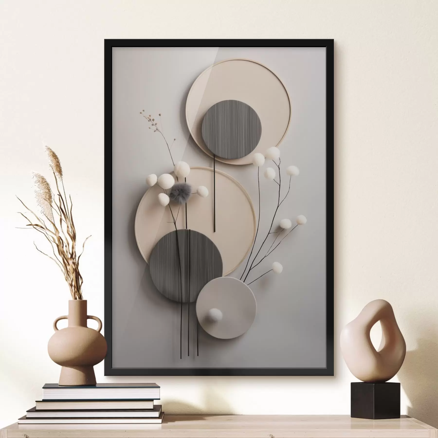 fotószőnyeg Kerek panelek száraz gallyakkal és puha labdákkal f48601