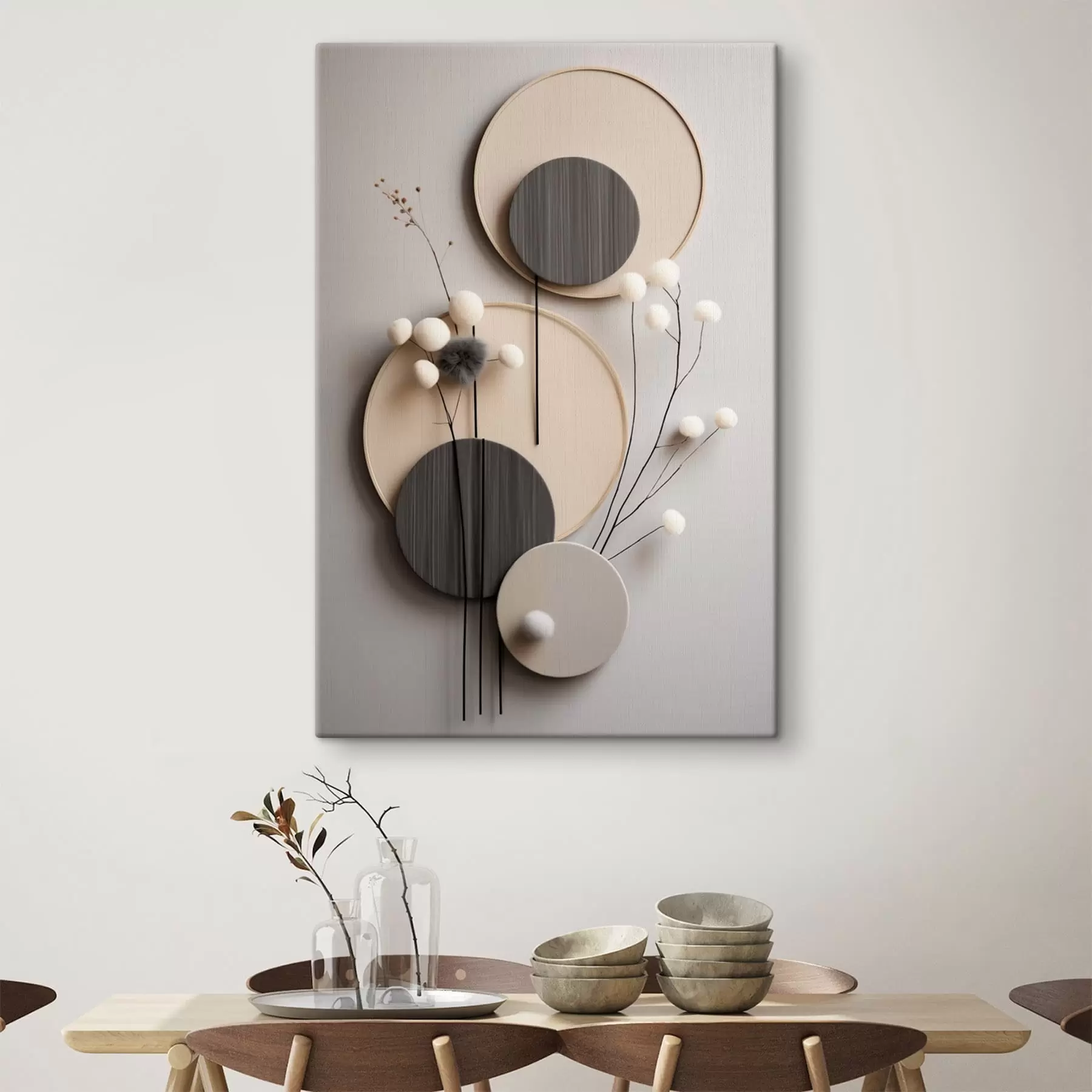 fotótapéta Kerek panelek száraz gallyakkal és puha labdákkal s48601