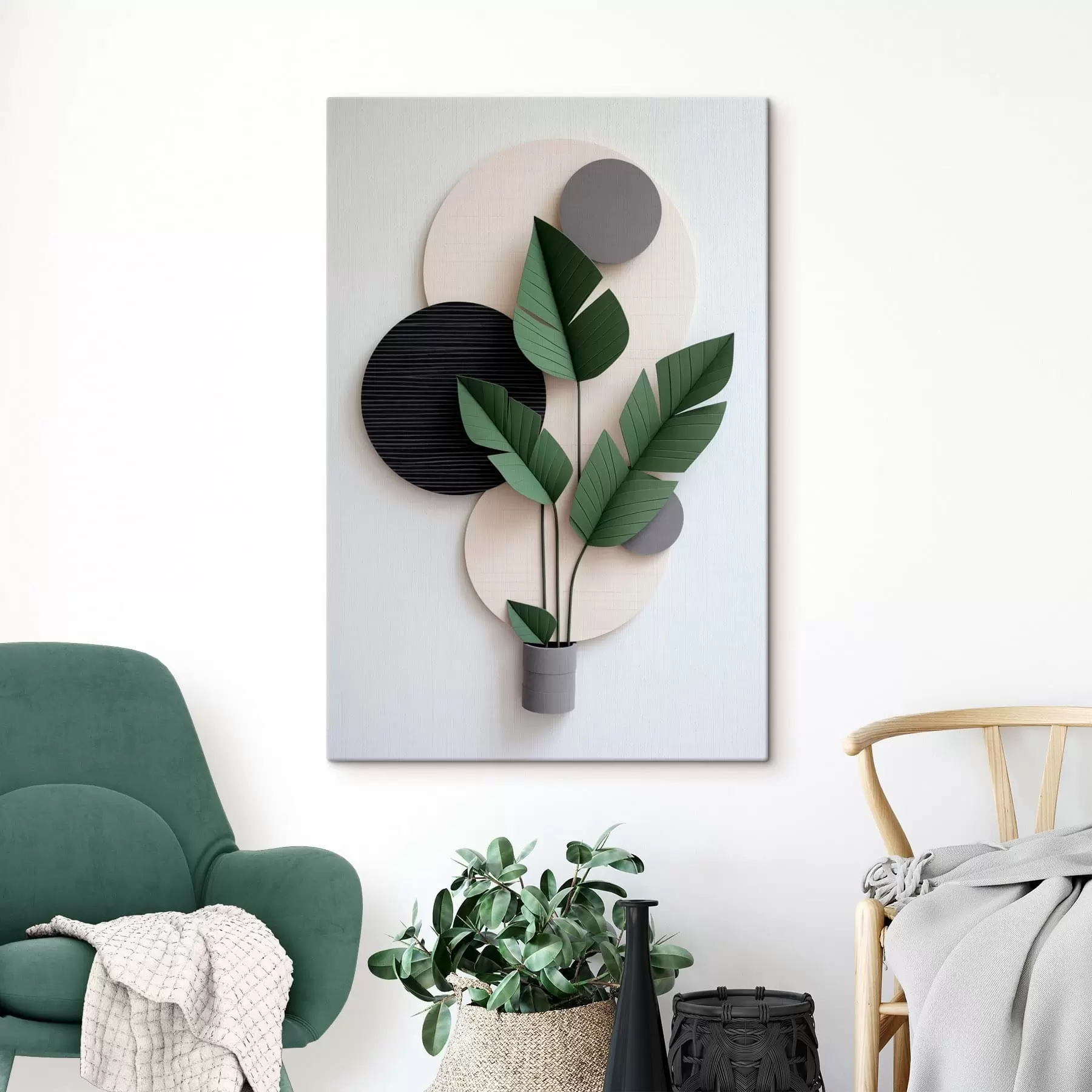 fotótapéta Geometrikus körök és zöld levelek minimalista elrendezésben s48607