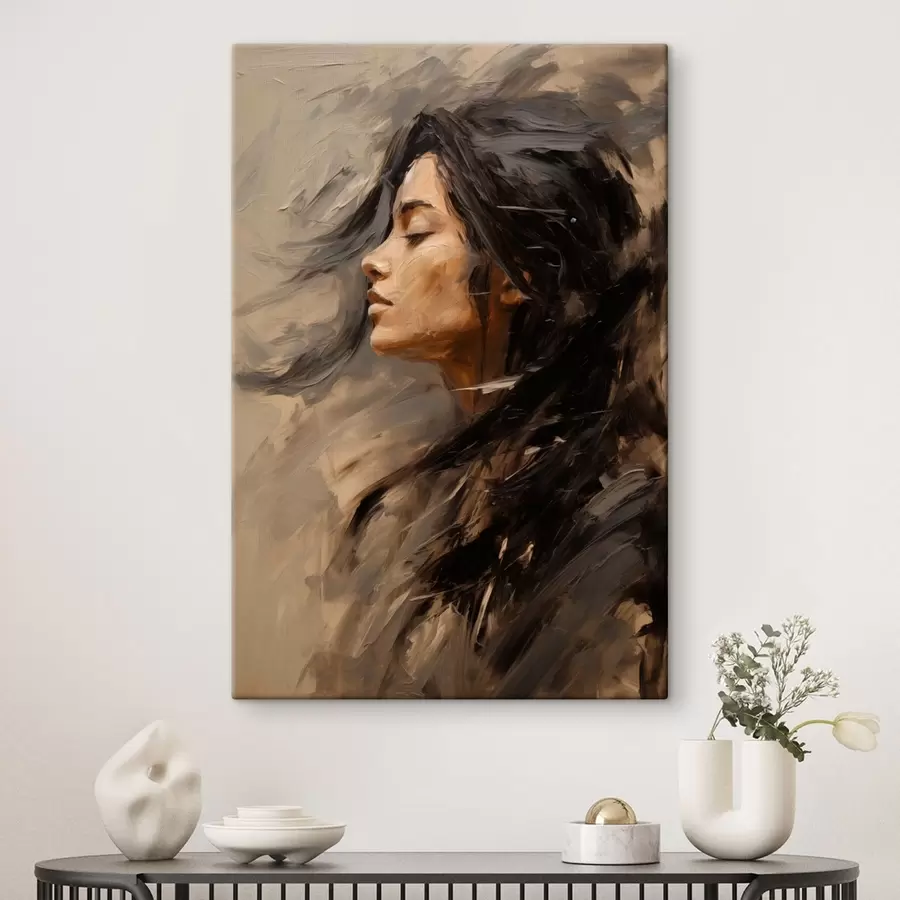 fotótapéta Női profil festői ecsetvonásokkal, meleg színekkel s48621