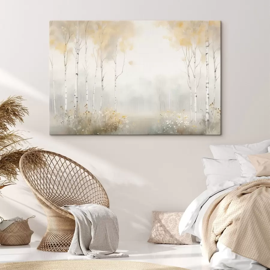 fotótapéta Ködszállt, ritkás fákból álló erdő, lágy fényárnyalatok s48623