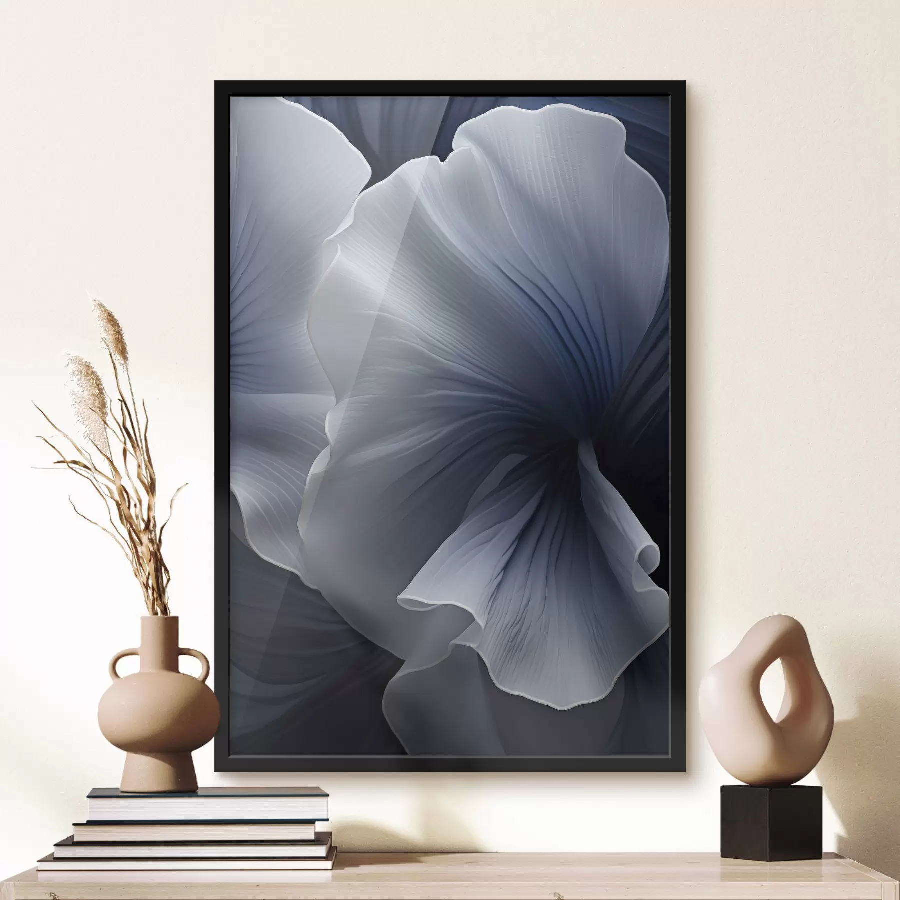 fotószőnyeg Absztrakt kék-fehér virágszirmok sötét háttér előtt f48731