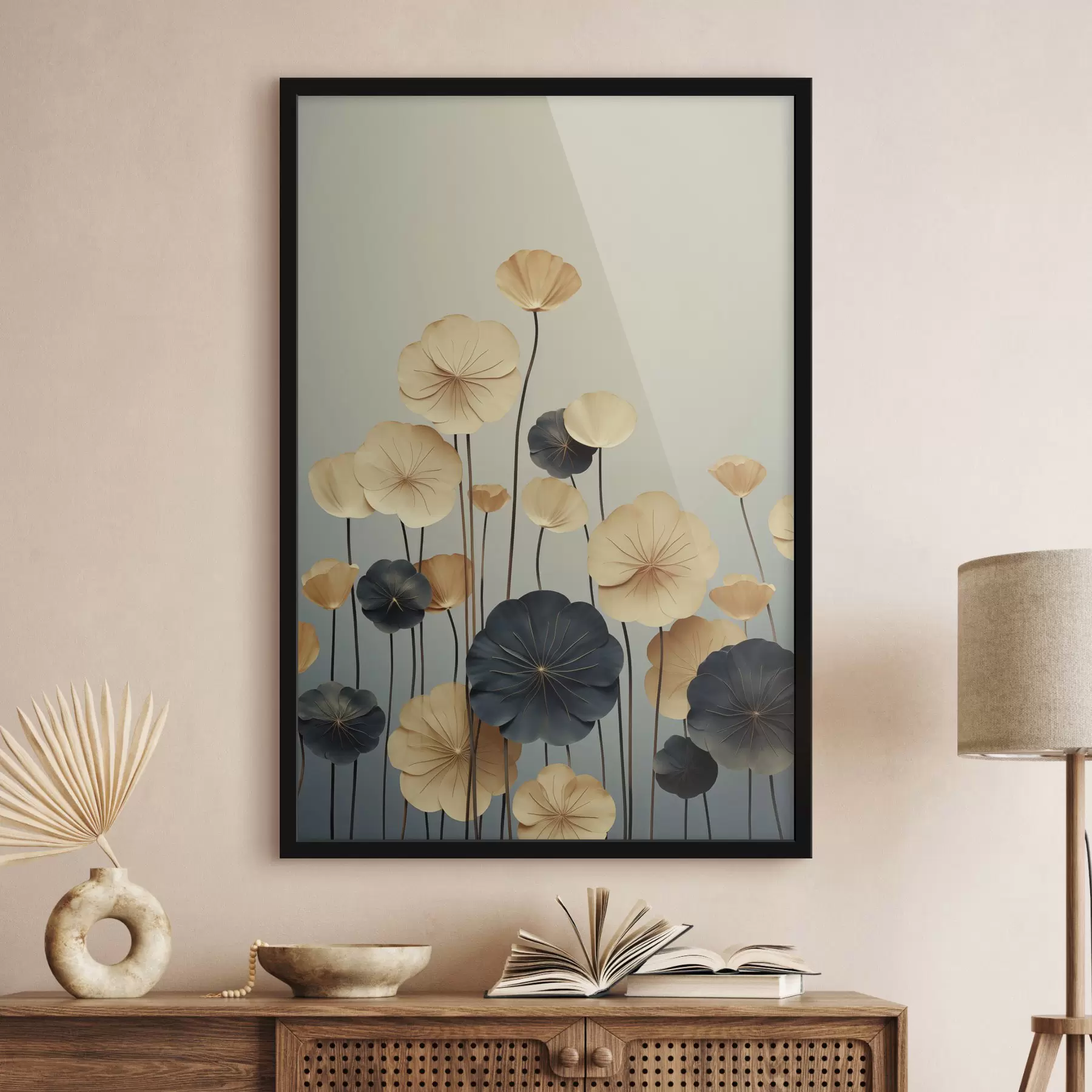 fotószőnyeg Vízililiomlevelek bézs és sötétkék tompa háttér előtt f48734