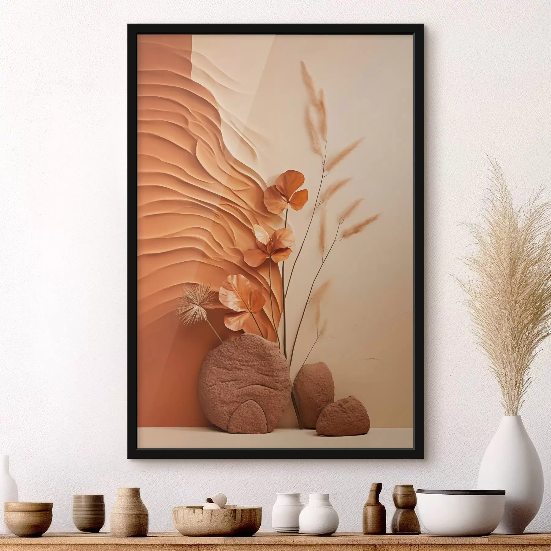 fotószőnyeg Minimalista műalkotás szárított virágokkal és pampasfüvel, texturált háttérrel f48739