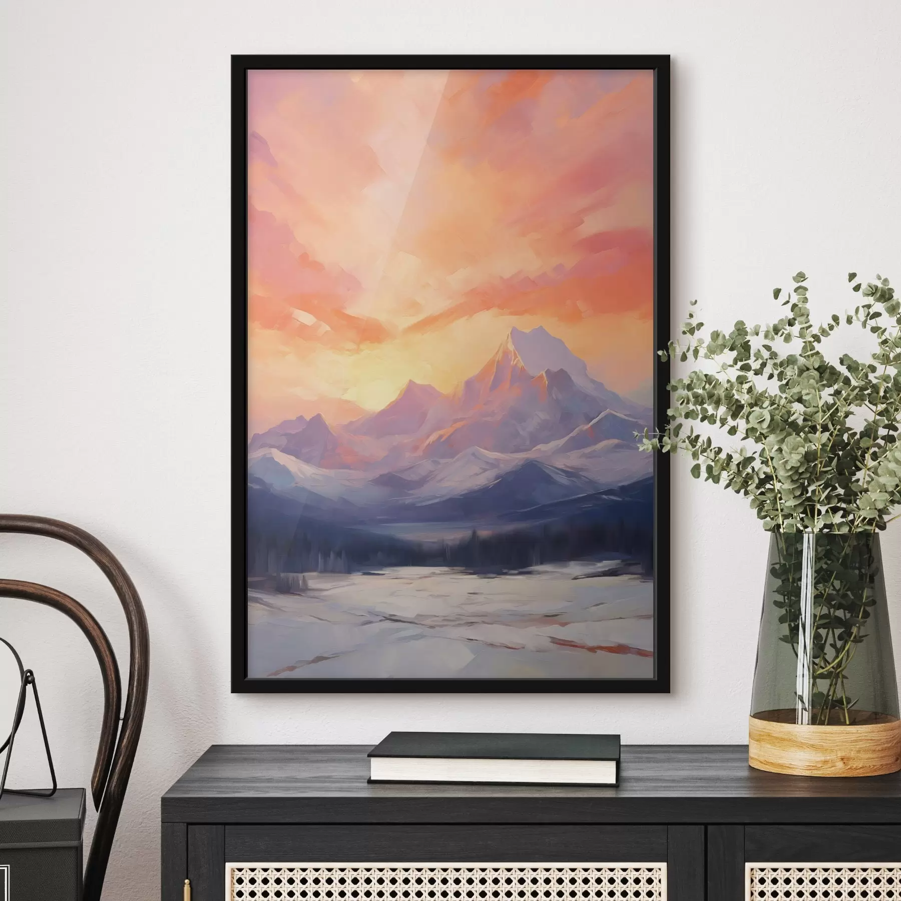 fotószőnyeg Hófedte hegyek élénk narancssárga és rózsaszín égbolton, felhőkkel f48741