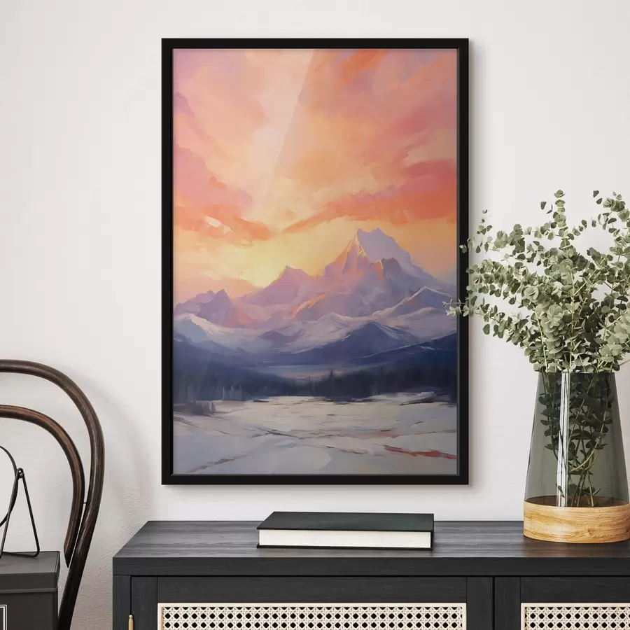 fotószőnyeg Hófedte hegyek élénk narancssárga és rózsaszín égbolton, felhőkkel f48741