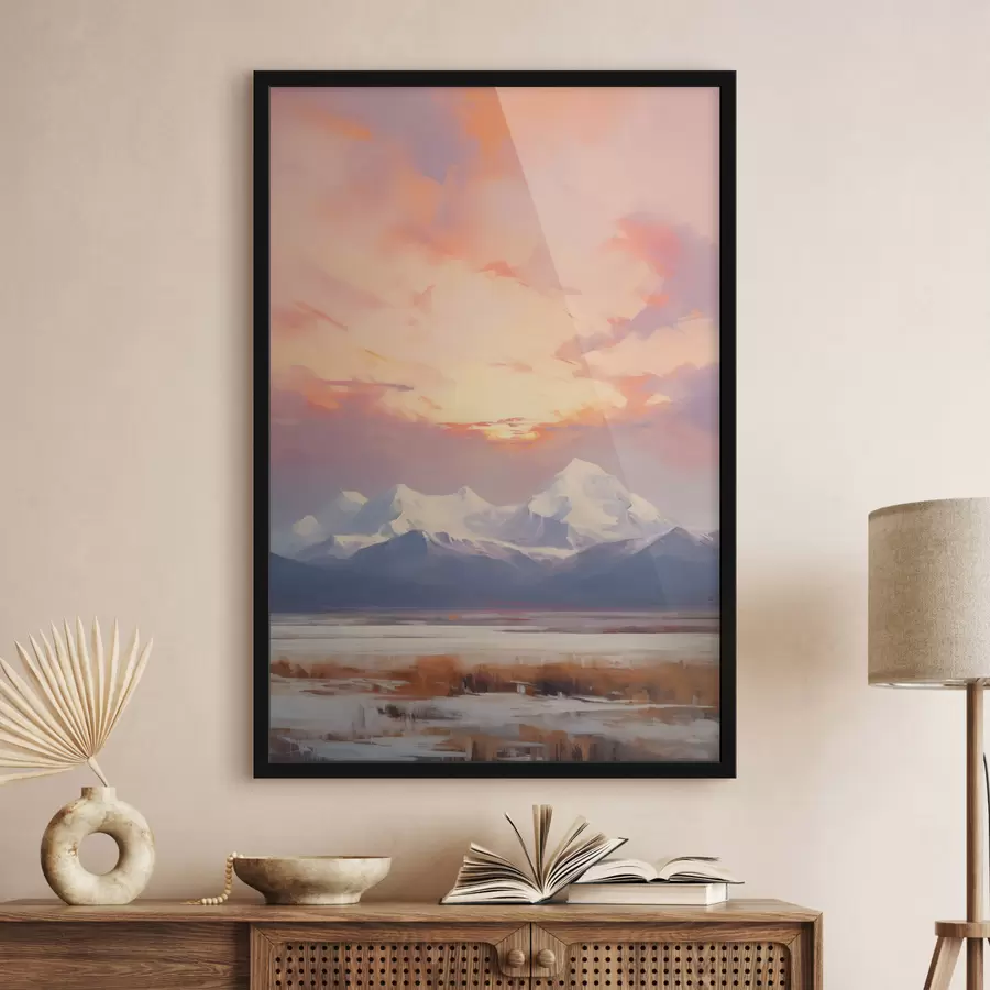 fotószőnyeg Hófedte hegyek élénk narancssárga és rózsaszín égbolton, felhőkkel f48742