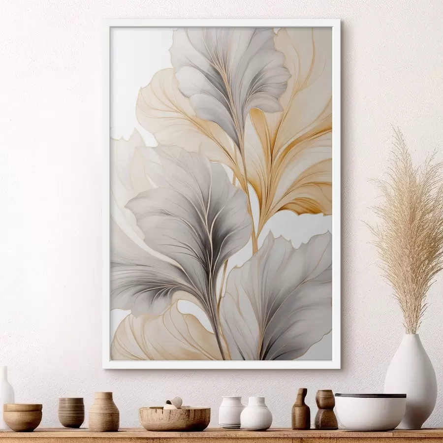 fotószőnyeg Nagy, áttetsző levelek szürke és sárga árnyalatokban f48745