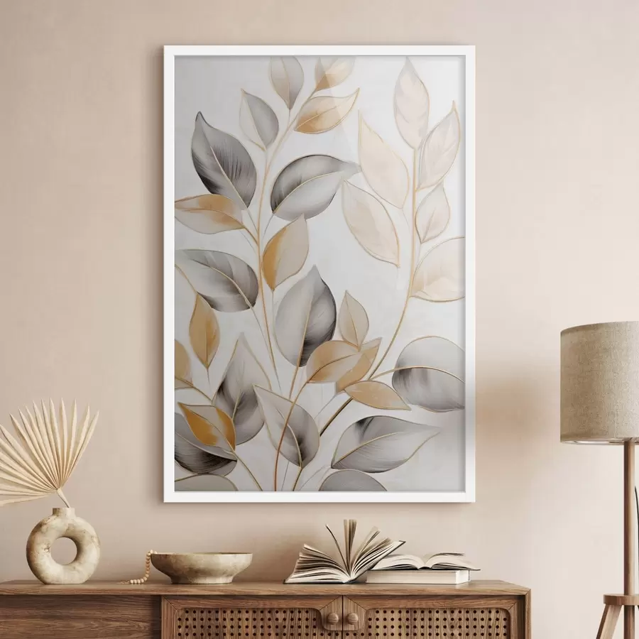 fotószőnyeg Nagy, áttetsző levelek szürke és sárga árnyalatokban f48746