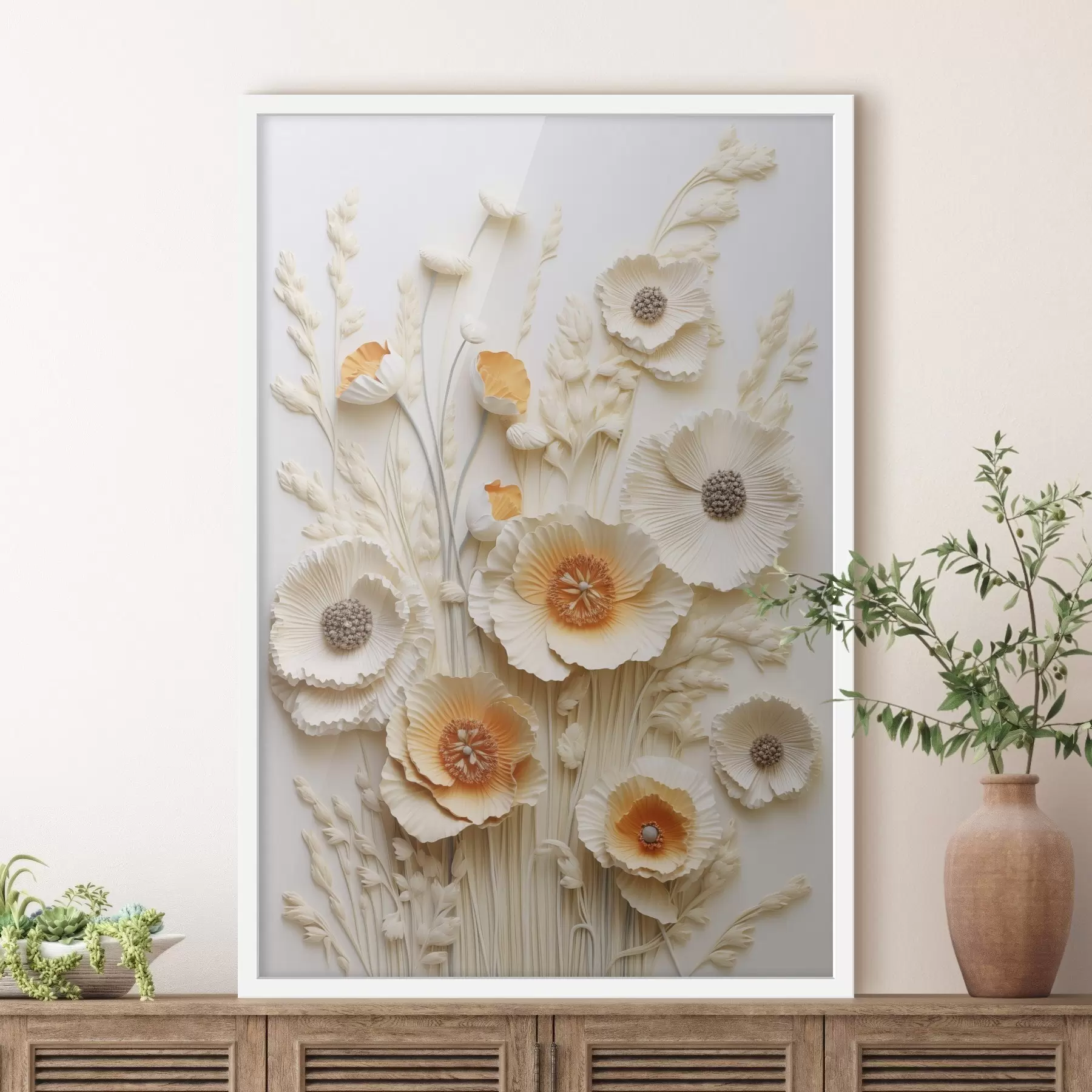 fotószőnyeg Krém és narancssárga pipacsokból álló csokor, szárított búzaszárral f48747