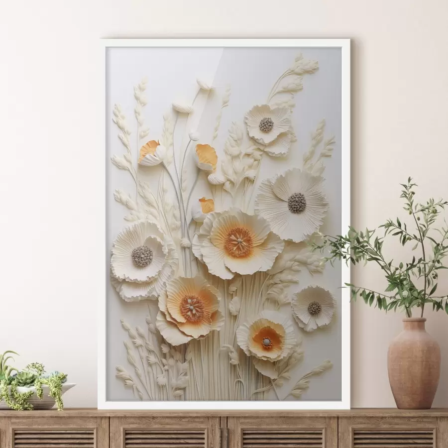 fotószőnyeg Krém és narancssárga pipacsokból álló csokor, szárított búzaszárral f48747