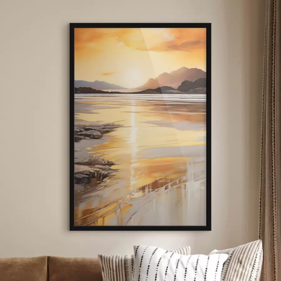 fotószőnyeg Tájkép folyóval és hegyekkel, meleg narancssárga égbolton, naplemente f48756