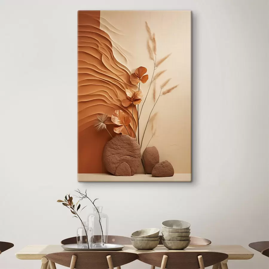 fotótapéta Minimalista műalkotás szárított virágokkal és pampasfüvel, texturált háttérrel s48739