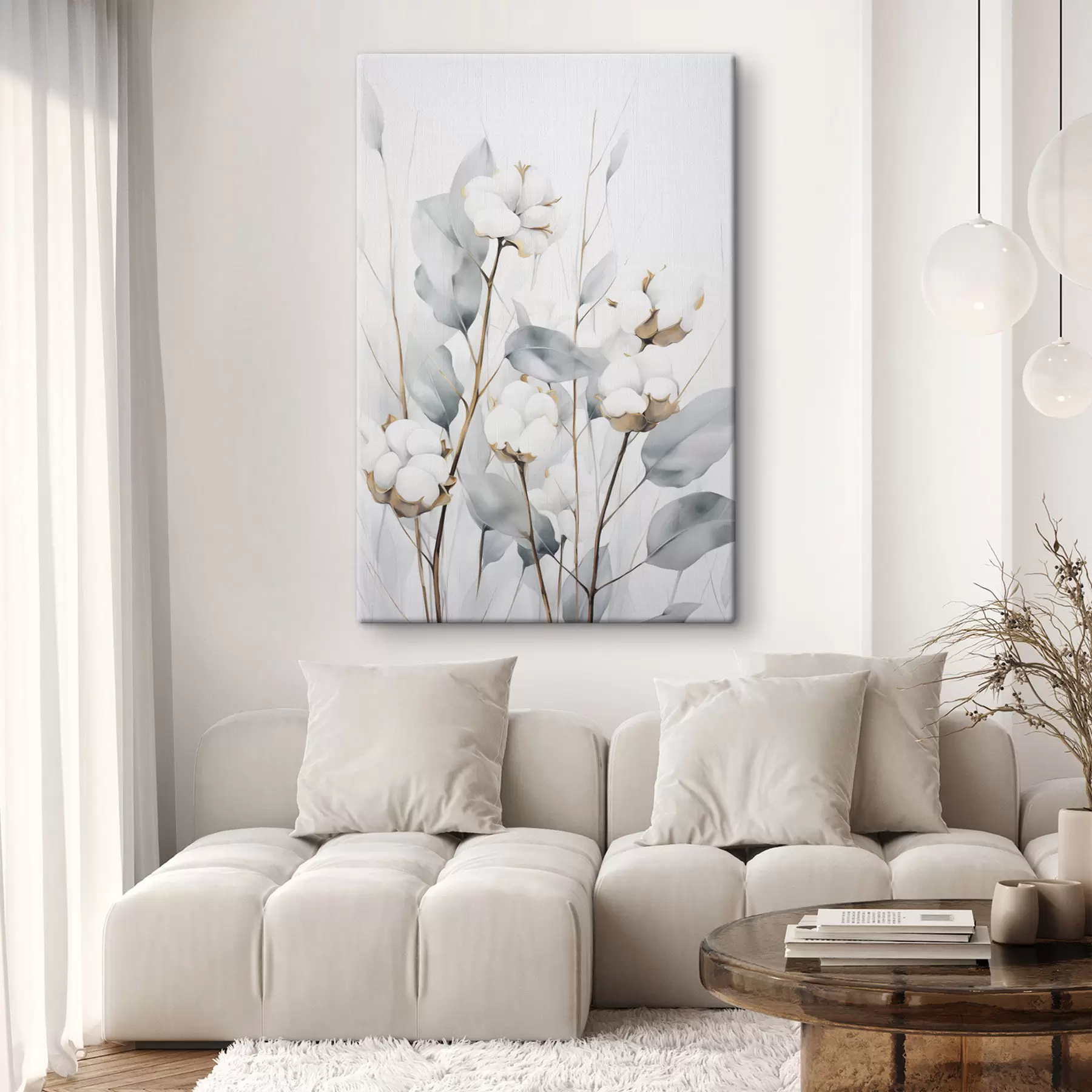 fotótapéta Fehér pamutnövény halvány kék-zöld levelekkel világos háttér előtt s48743