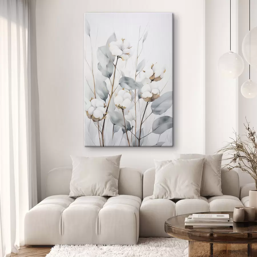 fotótapéta Fehér pamutnövény halvány kék-zöld levelekkel világos háttér előtt s48743