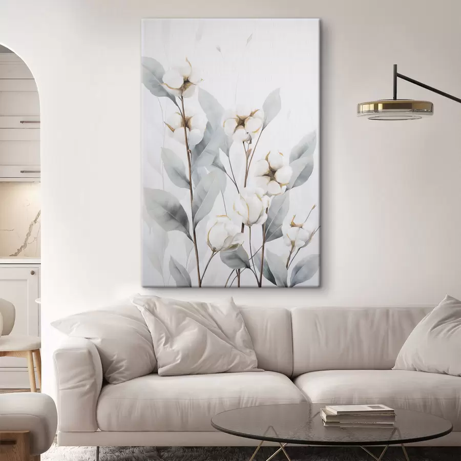 fotótapéta Fehér pamutnövény halvány kék-zöld levelekkel világos háttér előtt s48744