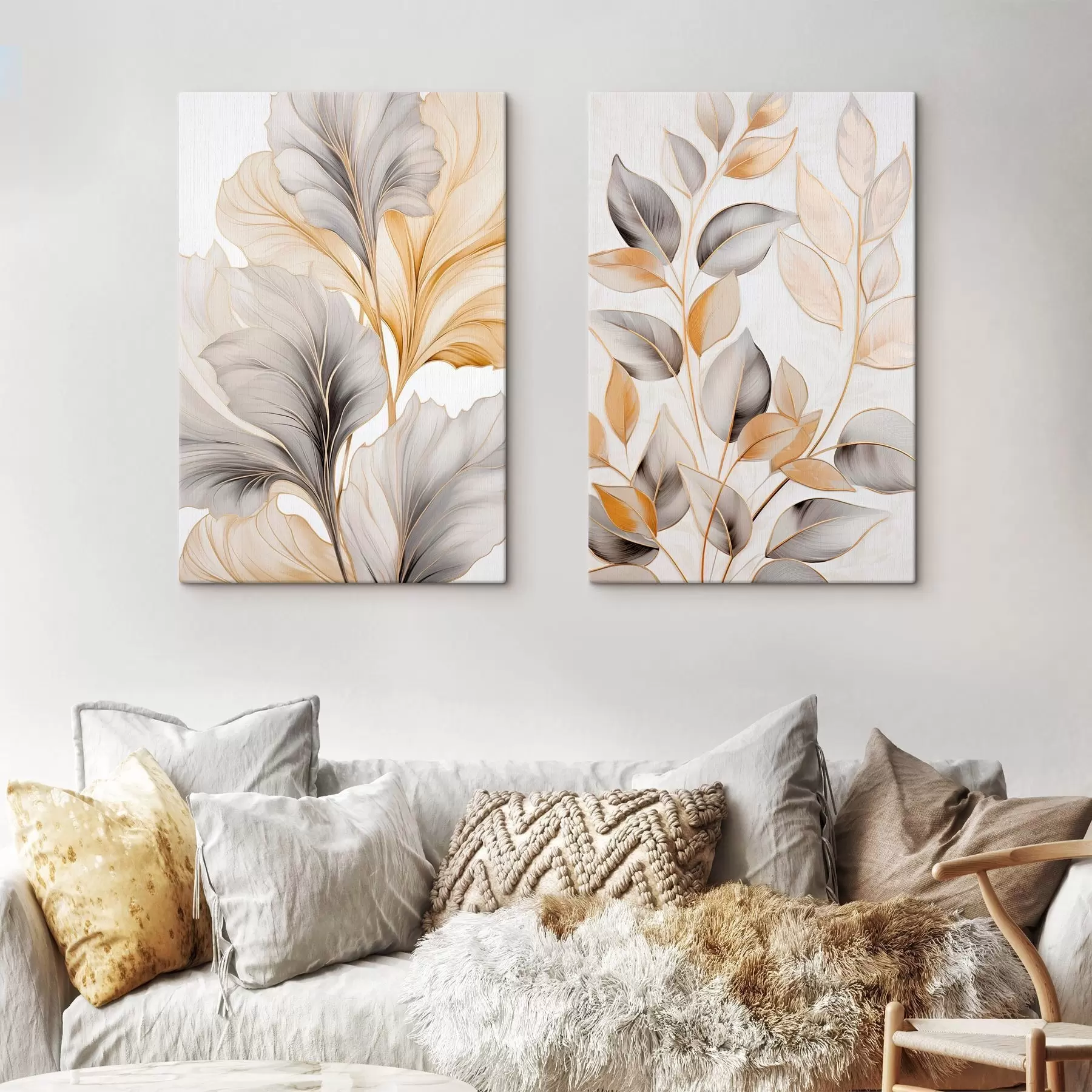 fotótapéta Nagy, áttetsző levelek szürke és sárga árnyalatokban m30323