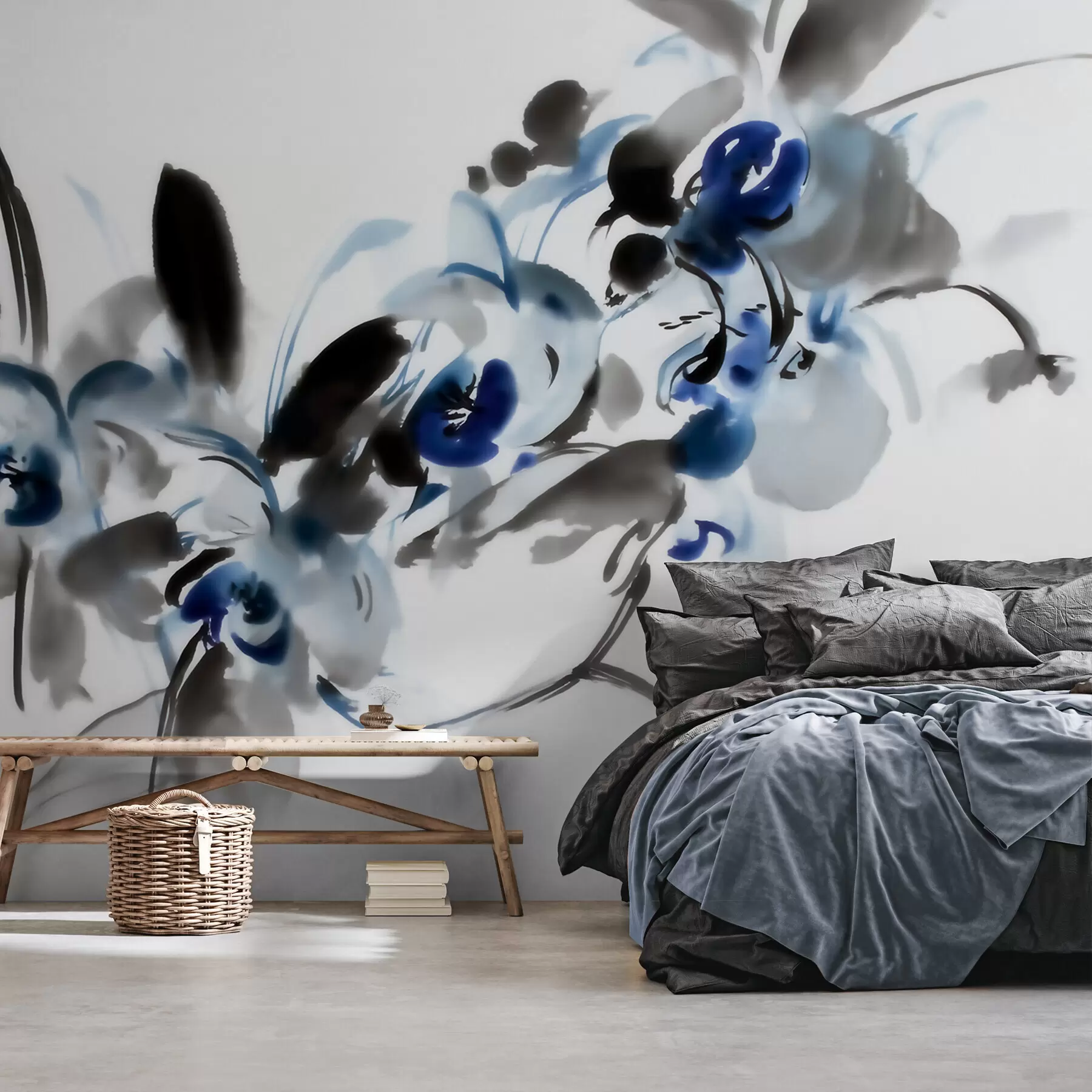 fotószőnyeg elegáns, absztrakt virágok keleti akvarell stílusban, kék és fekete díszítéssel, orchideákkal w09797