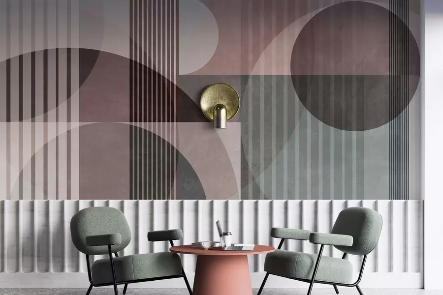 fotószőnyeg Absztrakt geometriai alakzatok körökkel és vonalakkal, visszafogott színekkel, texturált, réteges kompozíció w09834v1