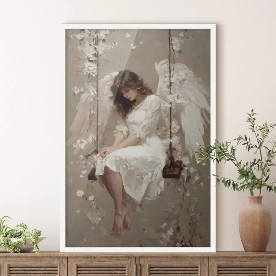 fotószőnyeg egy angyalkal, aki hintázik, olajfestmény stílusban megfestve f48789