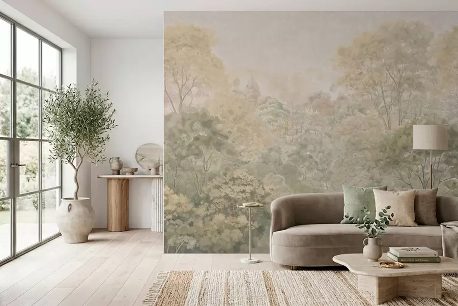 fotószőnyeg Régi stílusú erdei tájkép tompa zöld árnyalatokban w05433