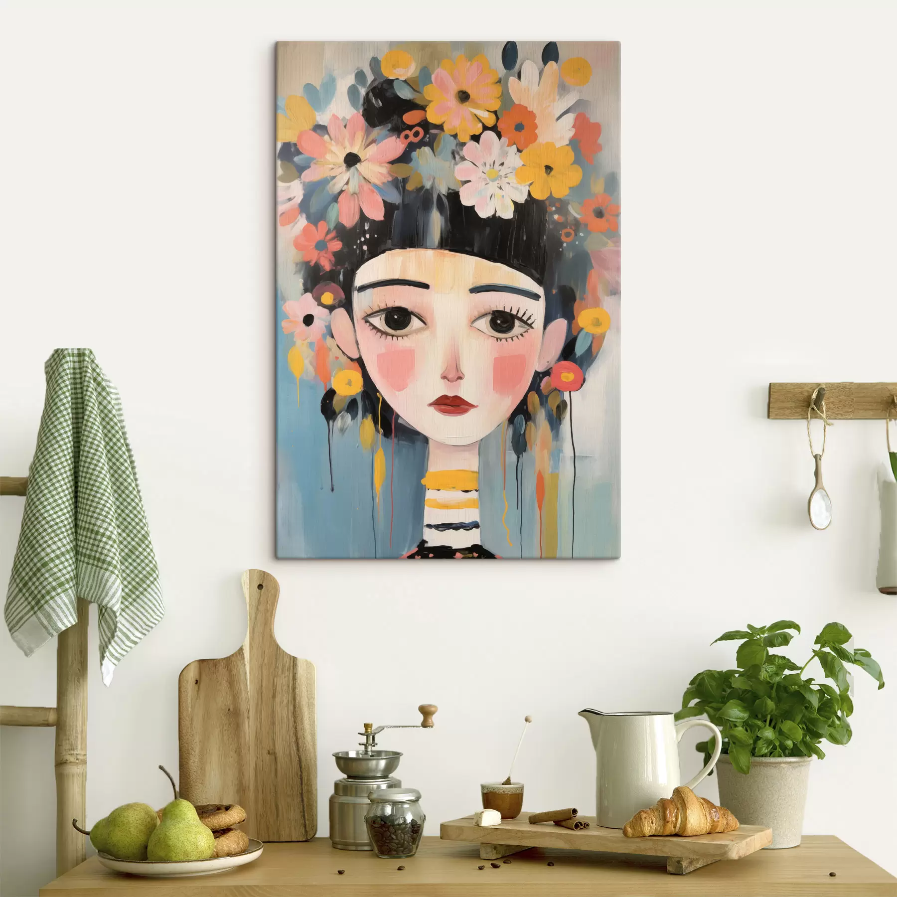 fotótapéta Portré egy nőről, virágokkal a hajában, absztrakt stílusban s48935