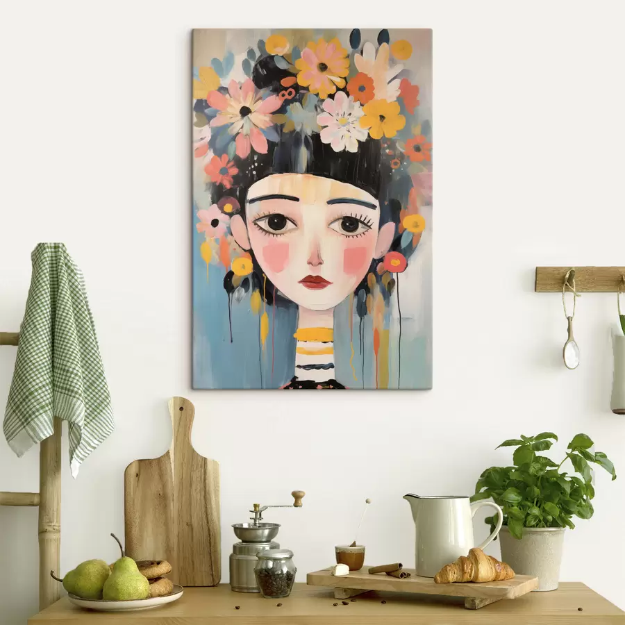 fotótapéta Portré egy nőről, virágokkal a hajában, absztrakt stílusban s48935