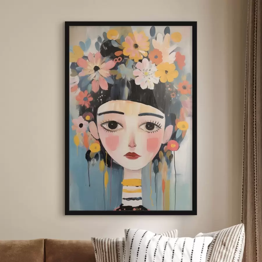 fotószőnyeg Portré egy nőről, virágokkal a hajában, absztrakt stílusban f48935