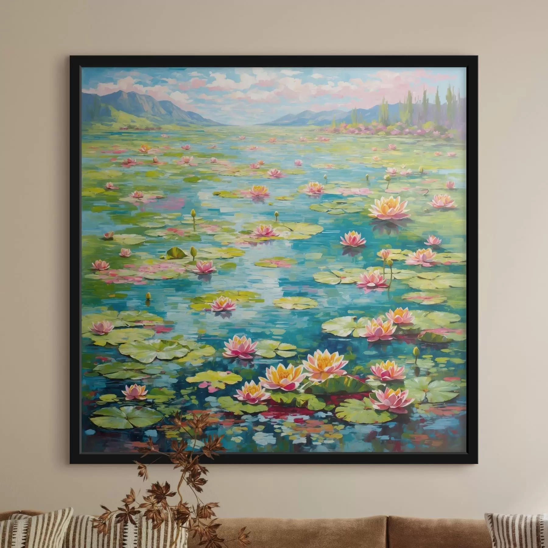 fotószőnyeg Impresszionizmus: liliomos tó távoli hegyekkel f48820
