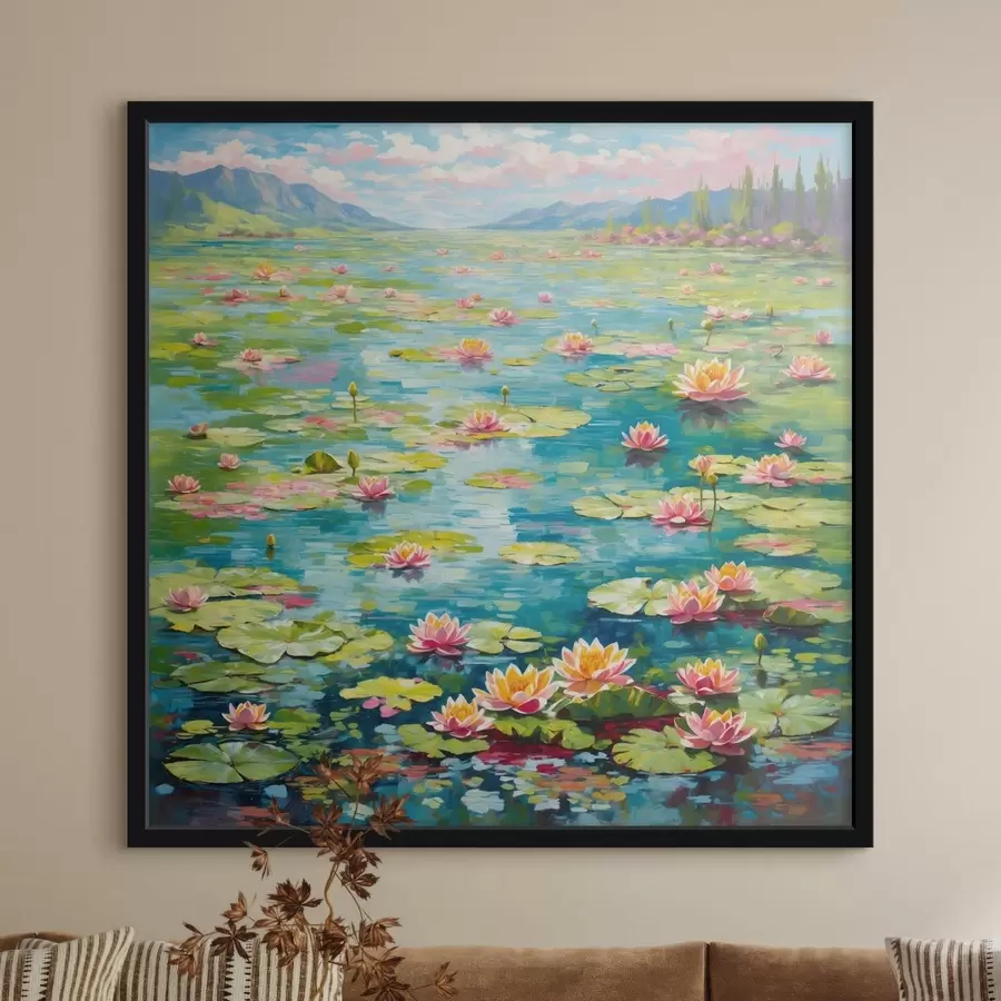 fotószőnyeg Impresszionizmus: liliomos tó távoli hegyekkel f48820