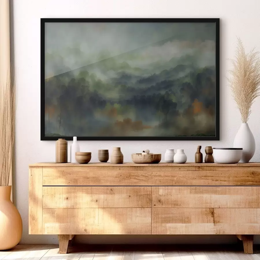 fotószőnyeg Hangulatos, ködös erdei táj zöld árnyalatokban f48821