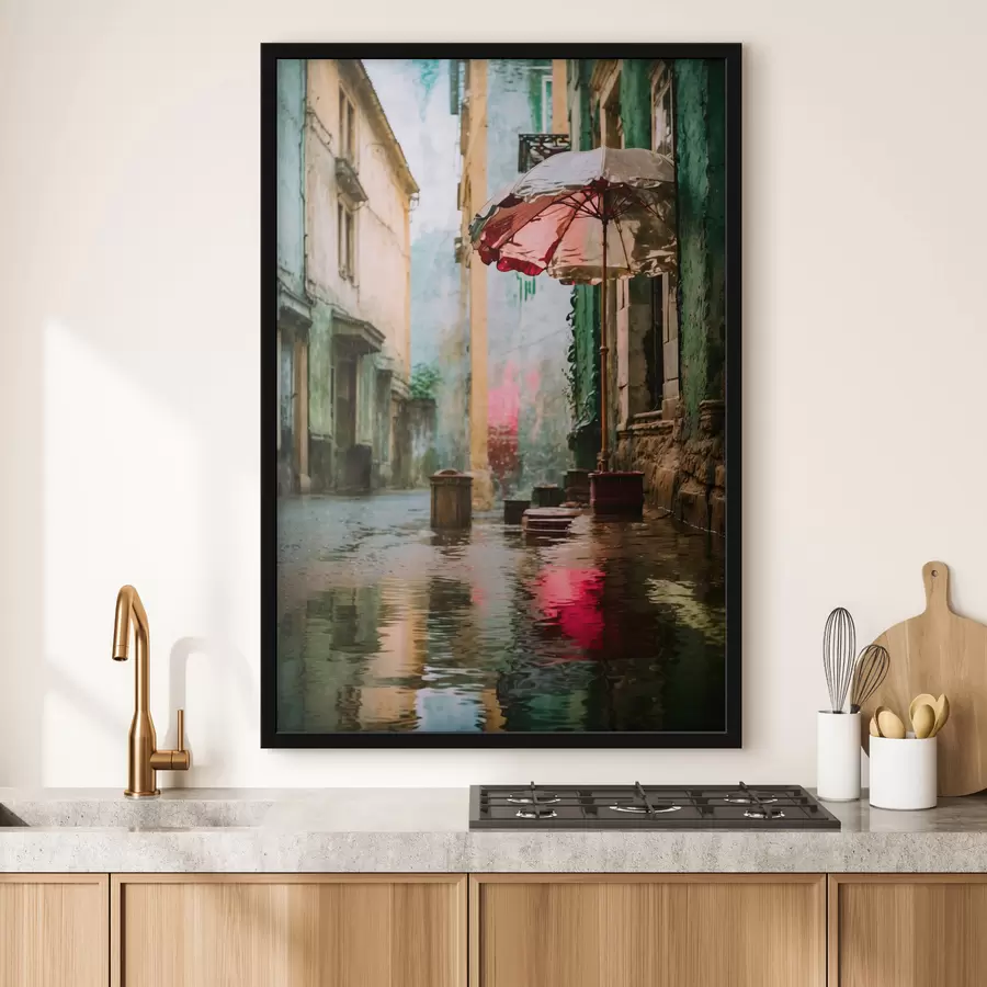 fotószőnyeg Realisztikus, esős utca esernyővel és tükröződésekkel f48829