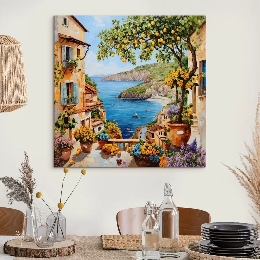 fotótapéta Impresszionista tengerparti falu citromfákkal s48818