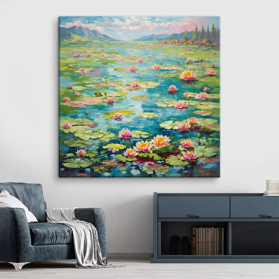 fotótapéta Impresszionizmus: liliomos tó távoli hegyekkel s48820