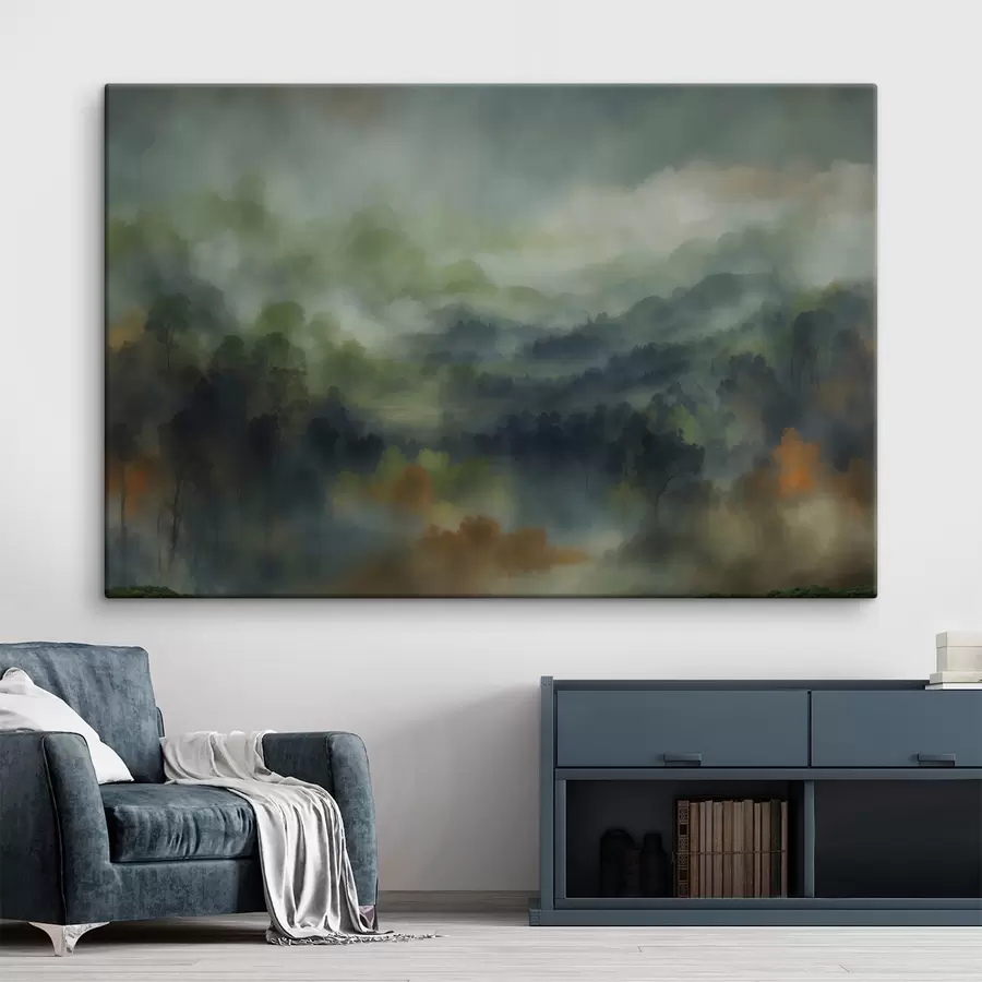 fotótapéta Hangulatos, ködös erdei táj zöld árnyalatokban s48821