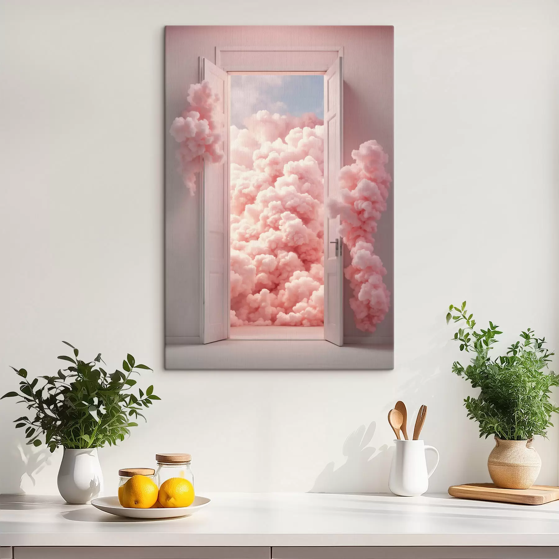 fotótapéta Szürrealista ajtó, belül rózsaszín felhőkkel s48823