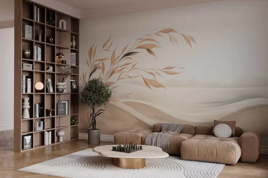 fotószőnyeg Lágy tájkép, dombok felett ívelő ágakkal, világos bézs árnyalatokban w05297