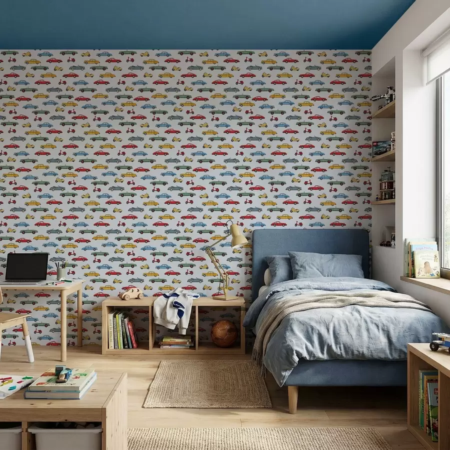 fotószőnyeg Retro autók és robogók kék háttér előtt a01172v2