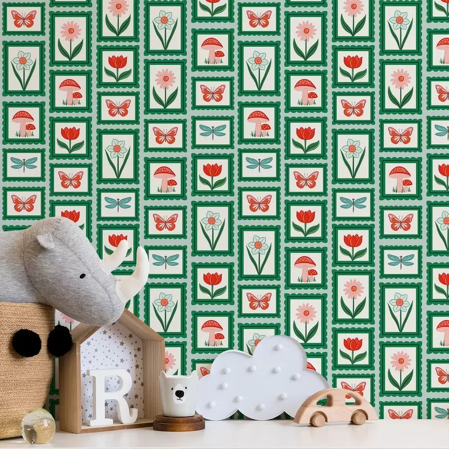 fotószőnyeg Keretbe foglalt virágok, gombák és pillangók a01175