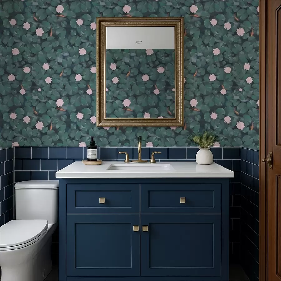 fotószőnyeg Virágzó vízililiomok és halak sötét háttér előtt a01177