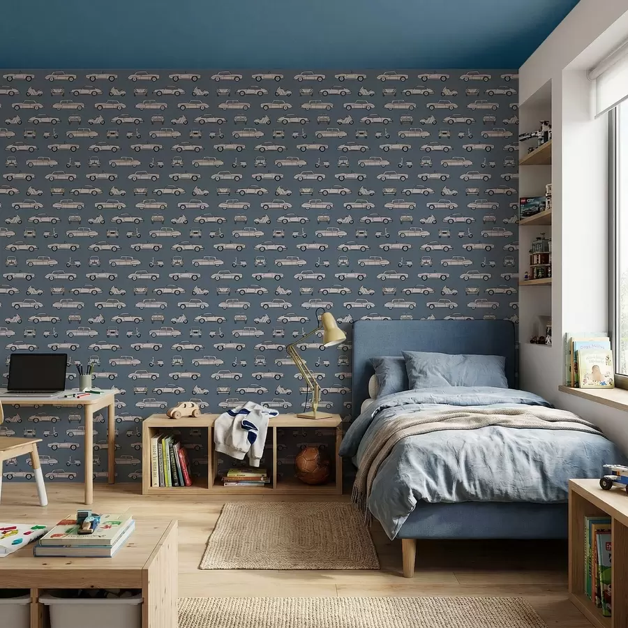 fotószőnyeg Retro autók és robogók kék háttér előtt a01178