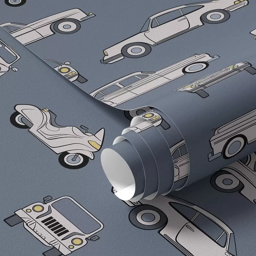 fotószőnyeg Retro autók és robogók kék háttér előtt a01178