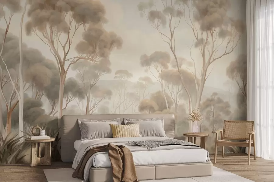 fotószőnyeg Ködös erdei táj magas eukaliptuszfákkal, dombos hegyekkel és felhős égbolttal, texturált grafika w09822